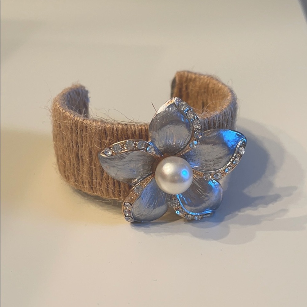 Boutique jute wrapped silver flower cuff bracelet